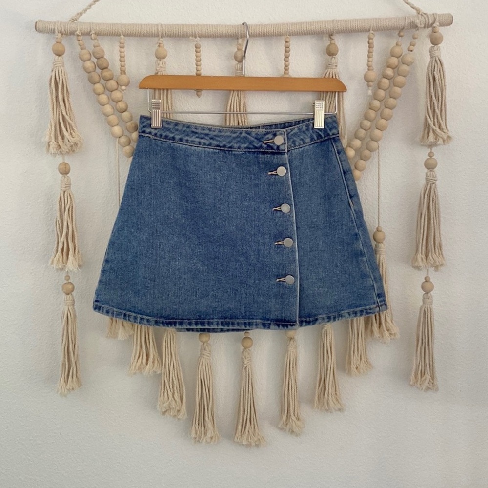 Bullhead Denim mini skirt Button Down crossover blue jean asymmetrical Size 26